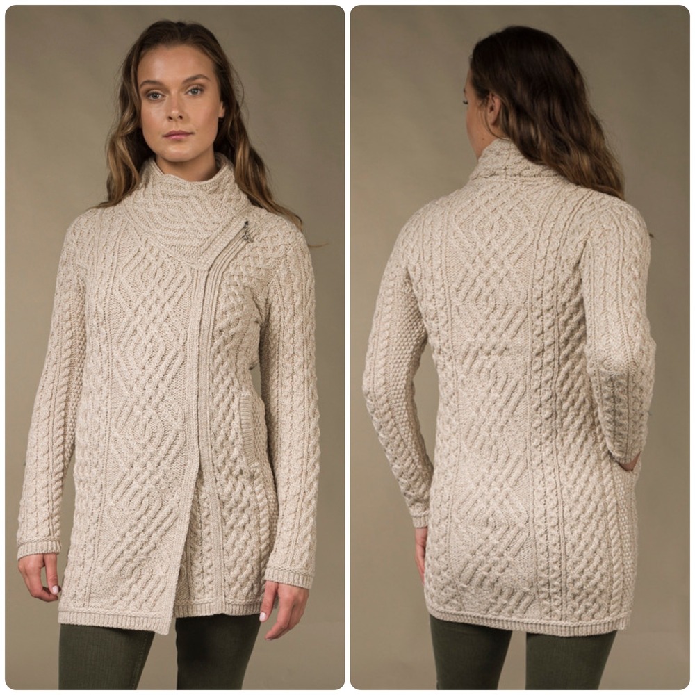 Aran Mor Womens Merino Wool Irish Cable Knit Side Zip Coatigan Sweater Size S